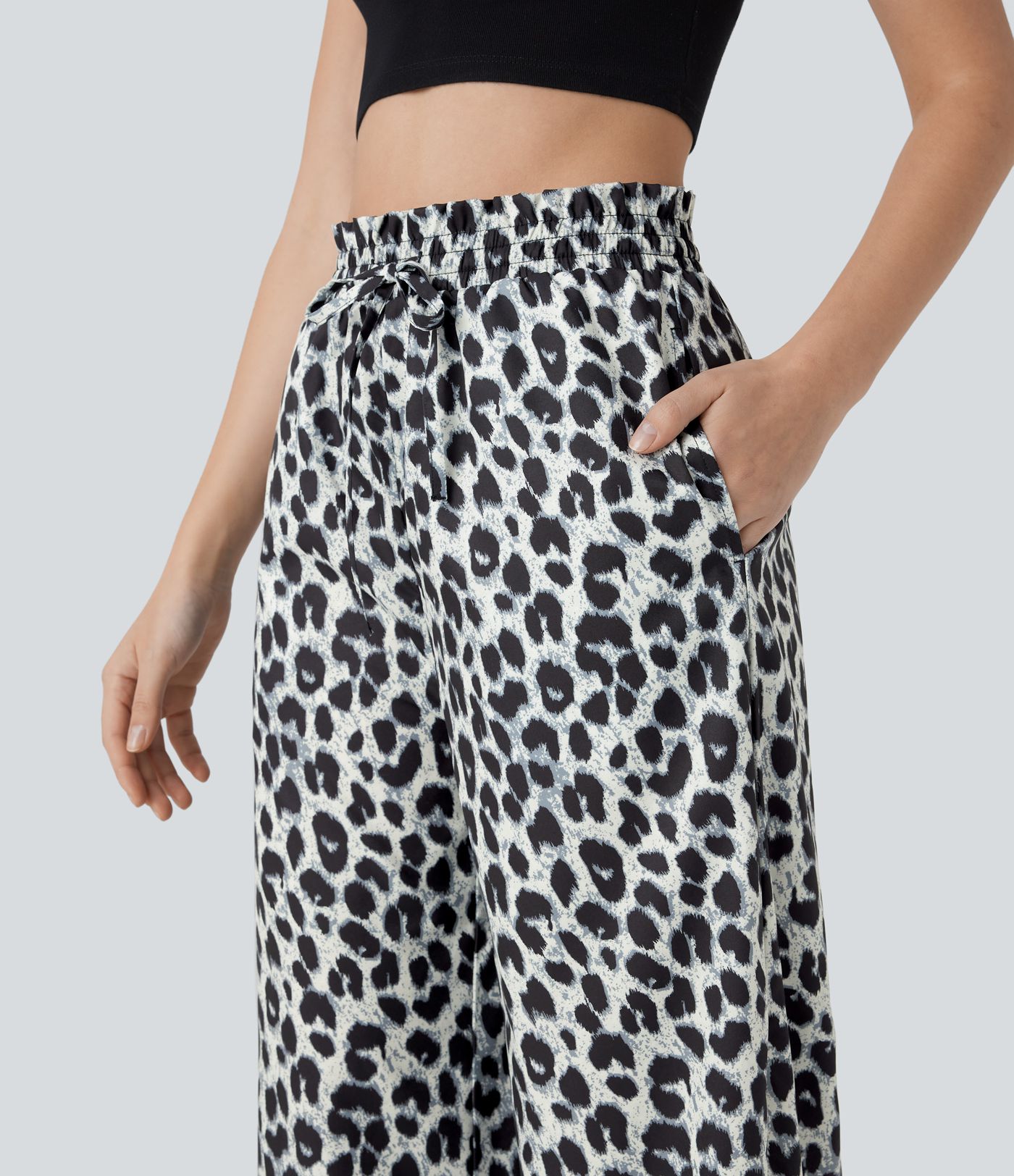 High Waisted Drawstring Pocket Leopard Print Wide Leg Casual Trousers