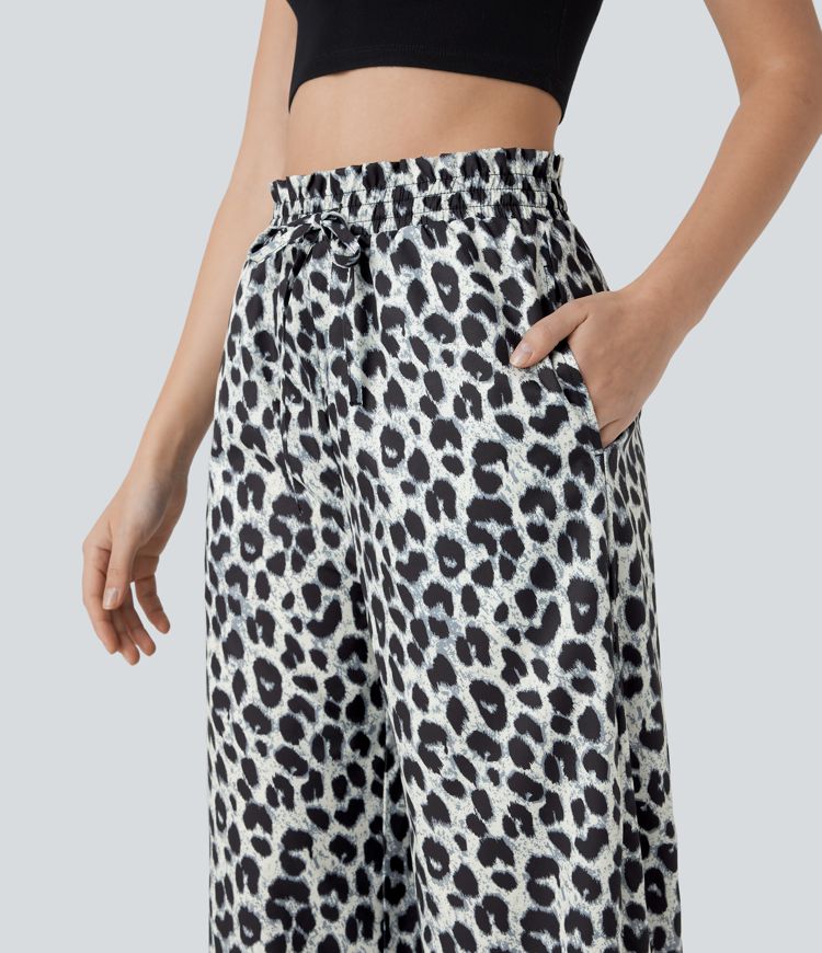 High Waisted Drawstring Pocket Leopard Print Wide Leg Casual Pants