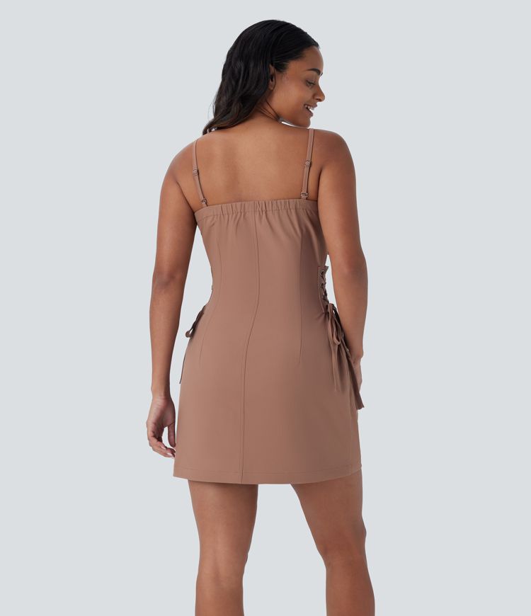 Water Repellent Zipper Pockets Side Lace Up Twill Mini Hiking Slip Cargo Dress