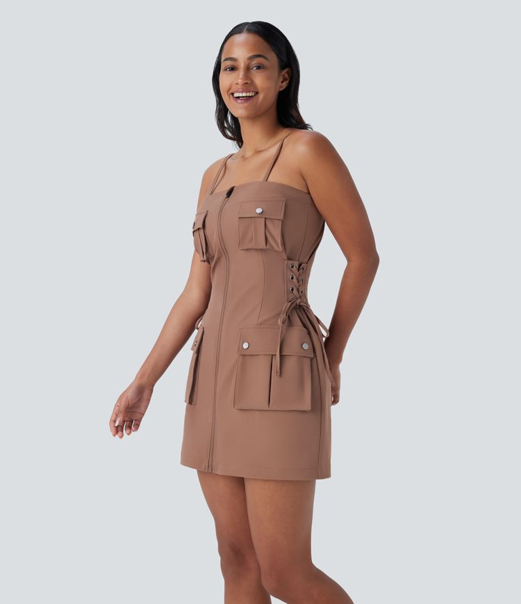 Mini Vestido cargo senderismo sarga cordón lateral repelente agua cremallera múltiple bolsillo