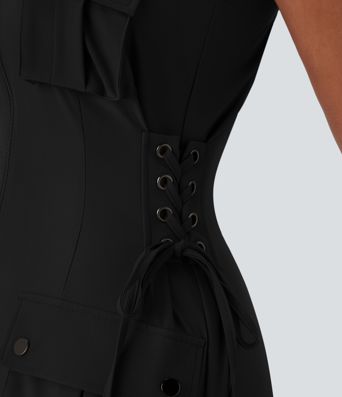 Robe cargo courte déperlante en sergé à bretelles ajustables, zips, multi-poches et laçage latéral