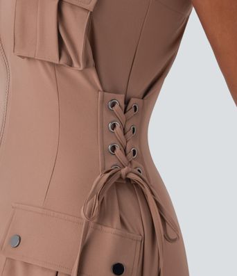 Mini Vestido cargo senderismo sarga cordón lateral repelente agua cremallera múltiple bolsillo