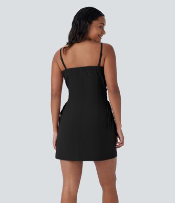 Robe cargo courte déperlante en sergé à bretelles ajustables, zips, multi-poches et laçage latéral