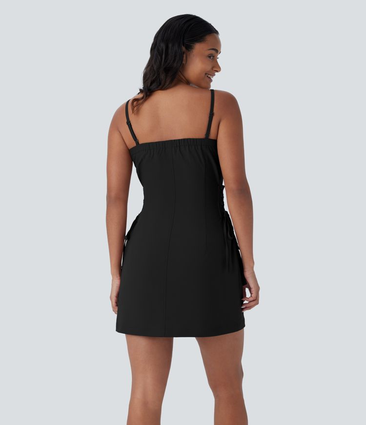 Robe cargo courte déperlante en sergé à bretelles ajustables, zips, multi-poches et laçage latéral