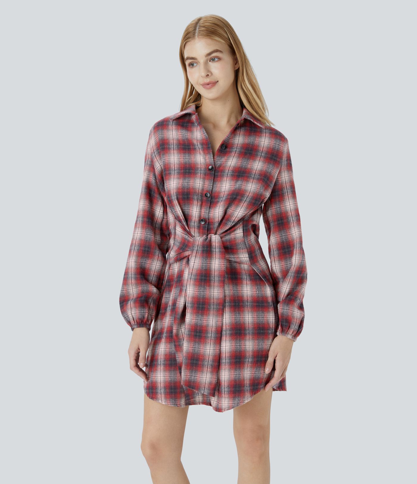 Tie Front Long Sleeve Plaid Mini Casual Dress