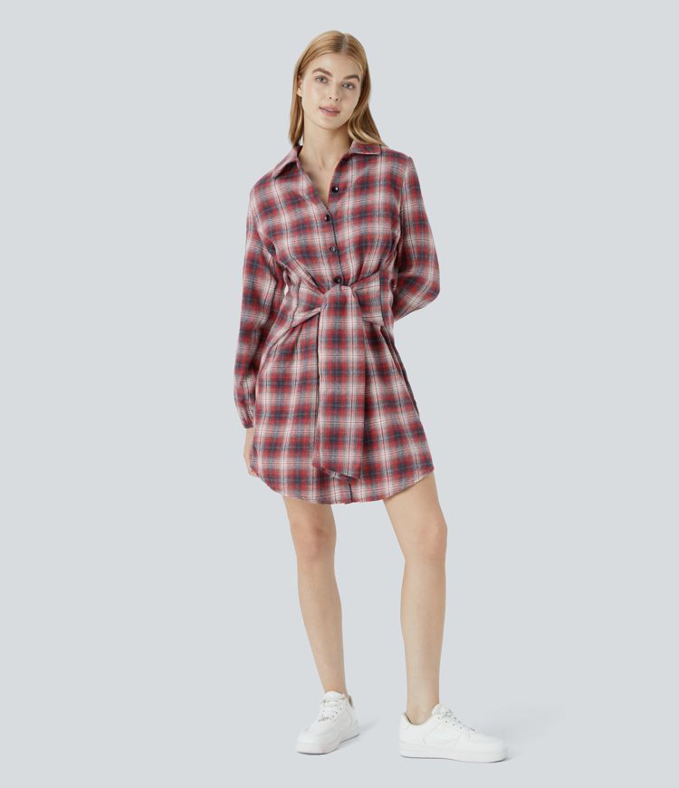 Tie Front Long Sleeve Plaid Mini Casual Dress