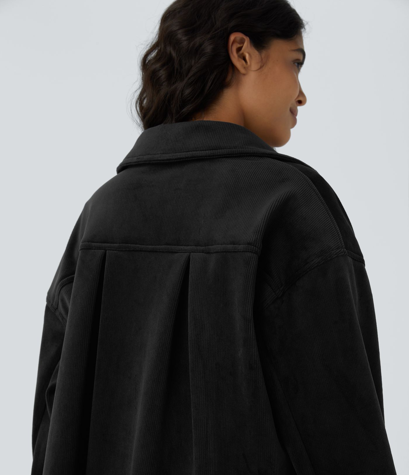 Collared button long sleeve chest pocket curved hem fleece corduroy casual jacket