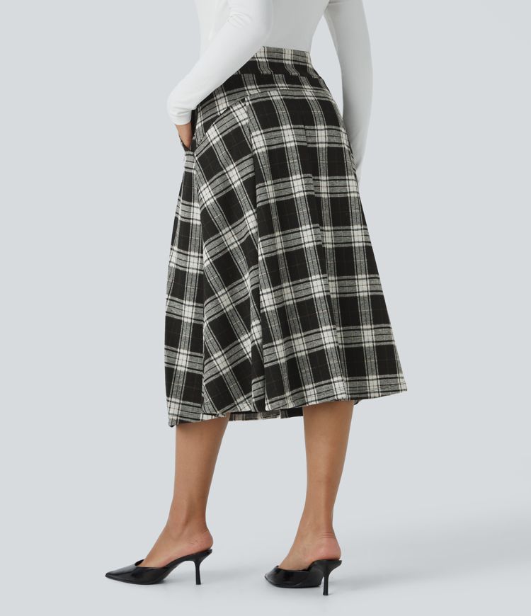 Jupe mi-longue décontractée à carreaux avec poches latérales et taille haute