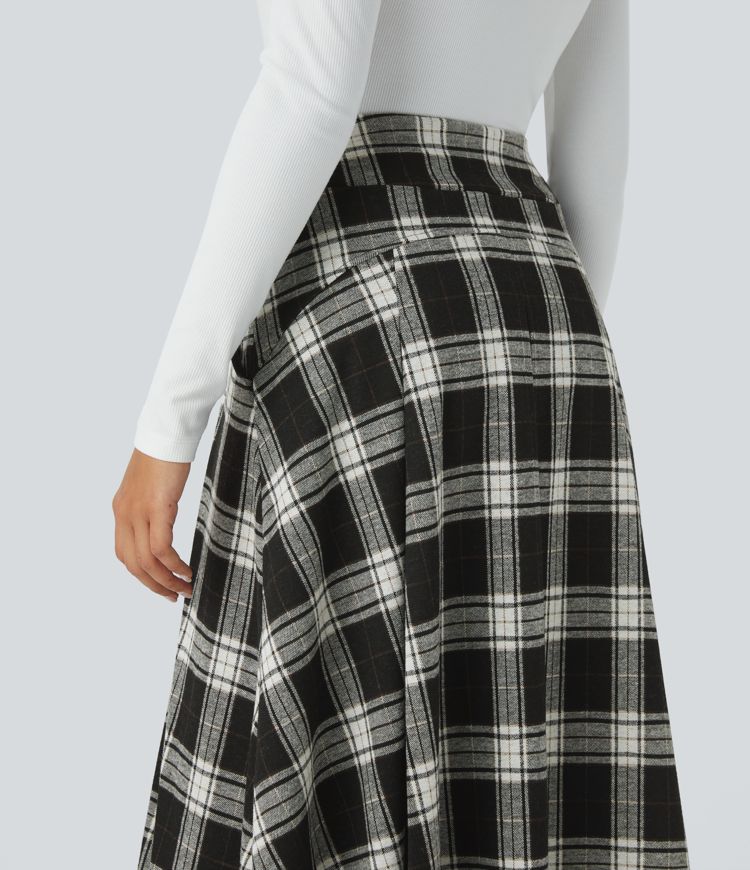 Jupe mi-longue décontractée à carreaux avec poches latérales et taille haute