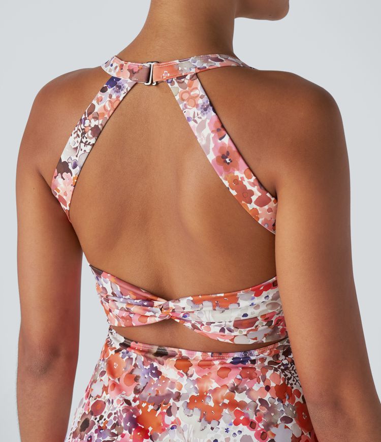 Backless Twisted Floral Print Pickleball Active Dress-Easy Peezy Edition