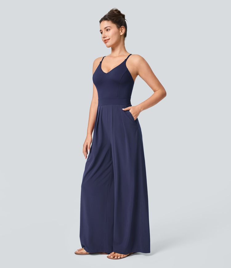 Breezeful™ Backless Side Invisible Zipper Pocket Wide Leg Quick Dry Resort Slip Jumpsuit