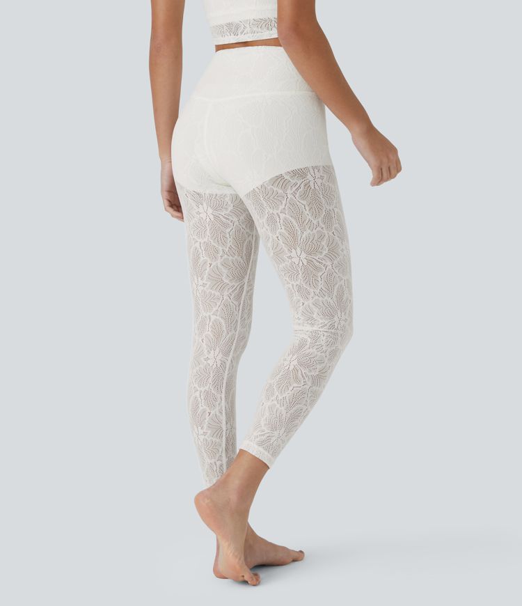 High Waisted Crossover 2-in-1 7/8 Lace Casual Leggings