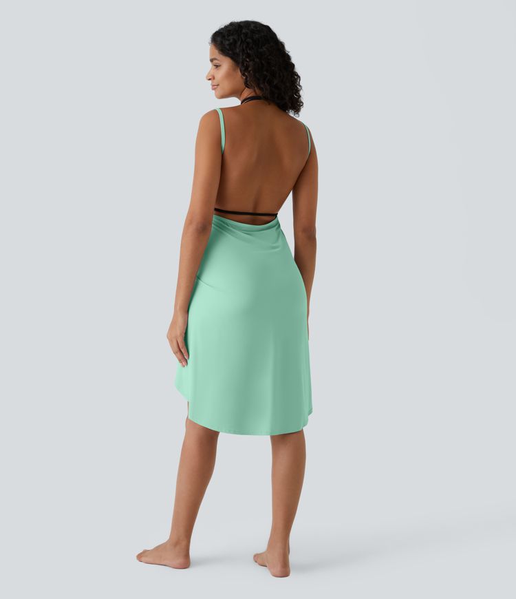 Spaghetti Strap Crossover Backless Cover Up Wrap  Resort Dress-UPF50+