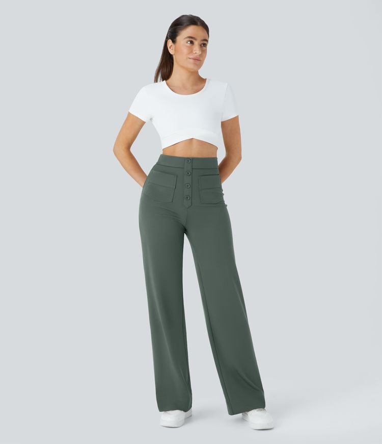 High Waisted Pockets Straight Leg Casual Pants
