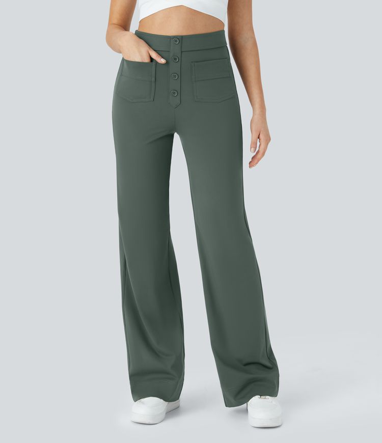 High Waisted Pockets Straight Leg Casual Pants