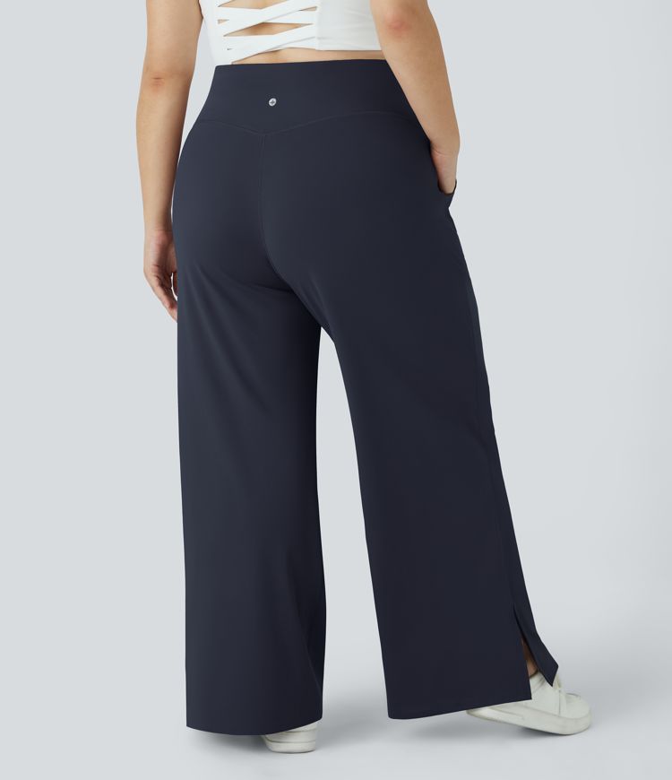 Pantalones yoga pierna ancha talla grande dobladillo dividido bolsillo cruzado-Smile