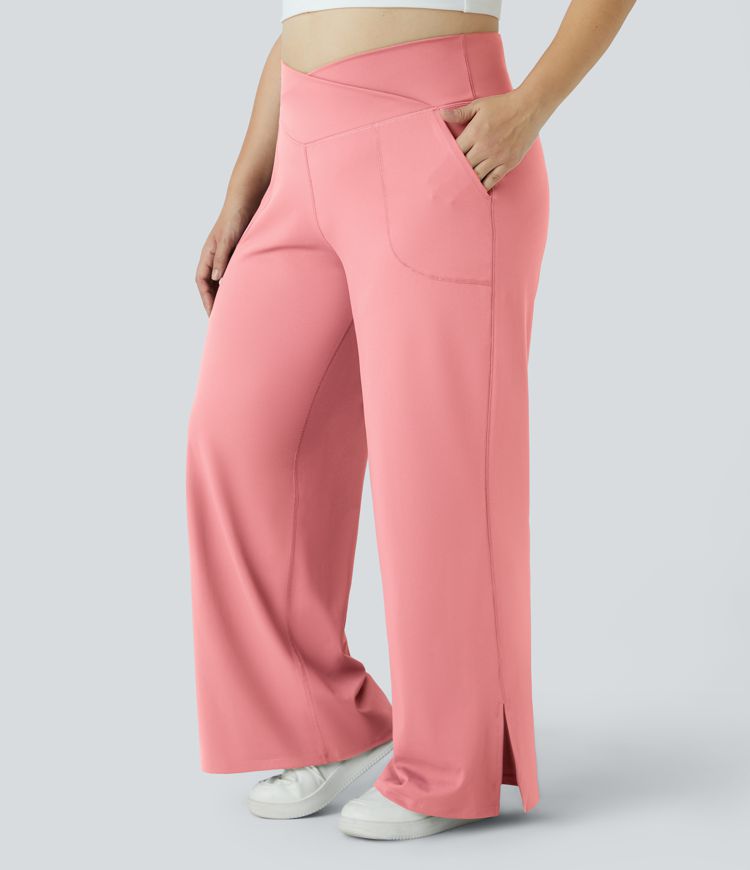 Pantalones yoga pierna ancha talla grande dobladillo dividido bolsillo cruzado-Smile