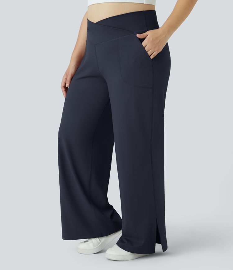 Pantalones yoga pierna ancha talla grande dobladillo dividido bolsillo cruzado-Smile