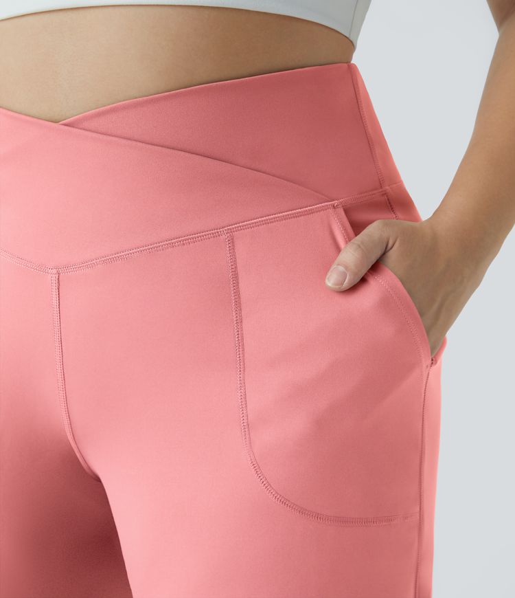 Pantalones yoga pierna ancha talla grande dobladillo dividido bolsillo cruzado-Smile