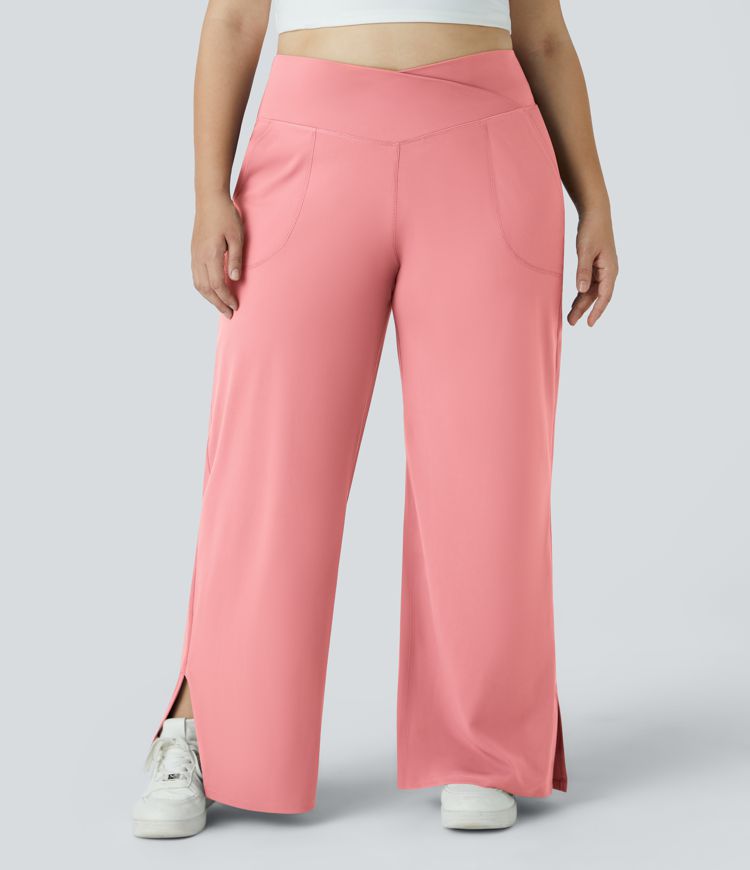 Pantalones yoga pierna ancha talla grande dobladillo dividido bolsillo cruzado-Smile
