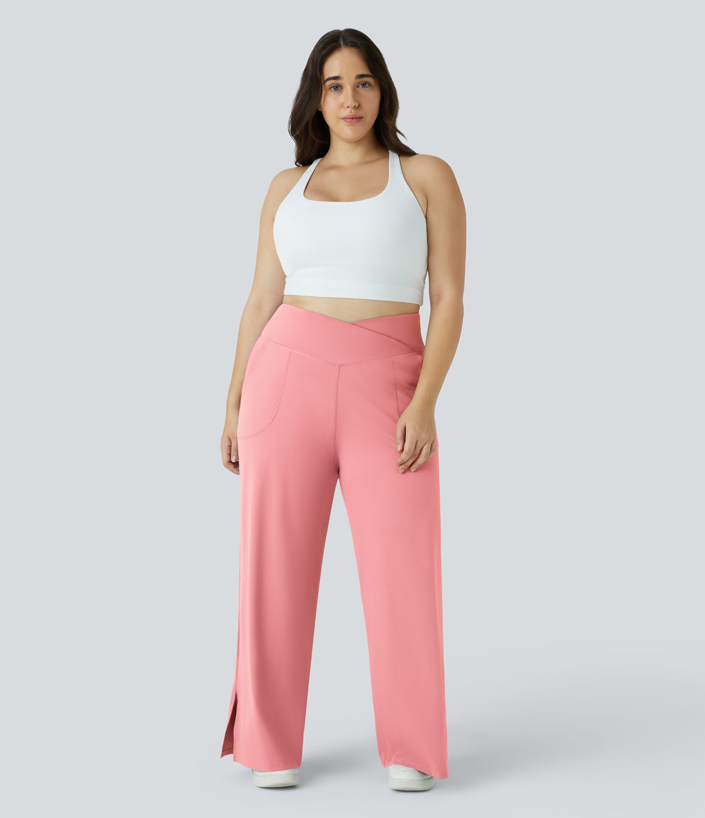 Pantalones yoga pierna ancha talla grande dobladillo dividido bolsillo cruzado-Smile