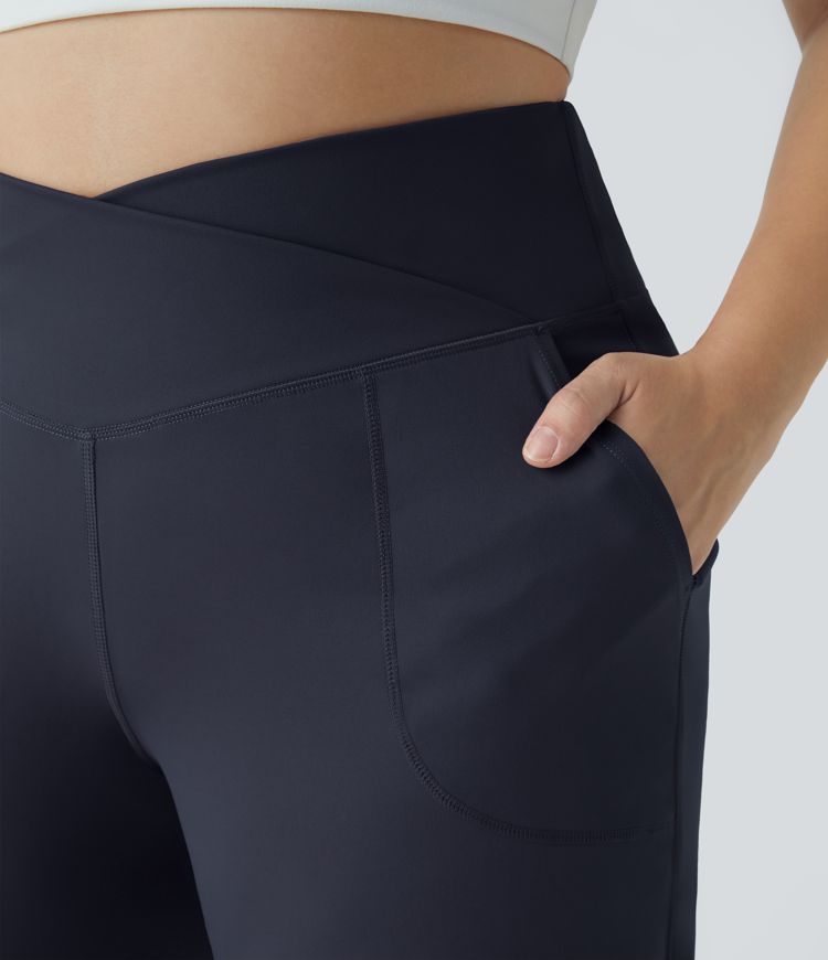 Pantalones yoga pierna ancha talla grande dobladillo dividido bolsillo cruzado-Smile