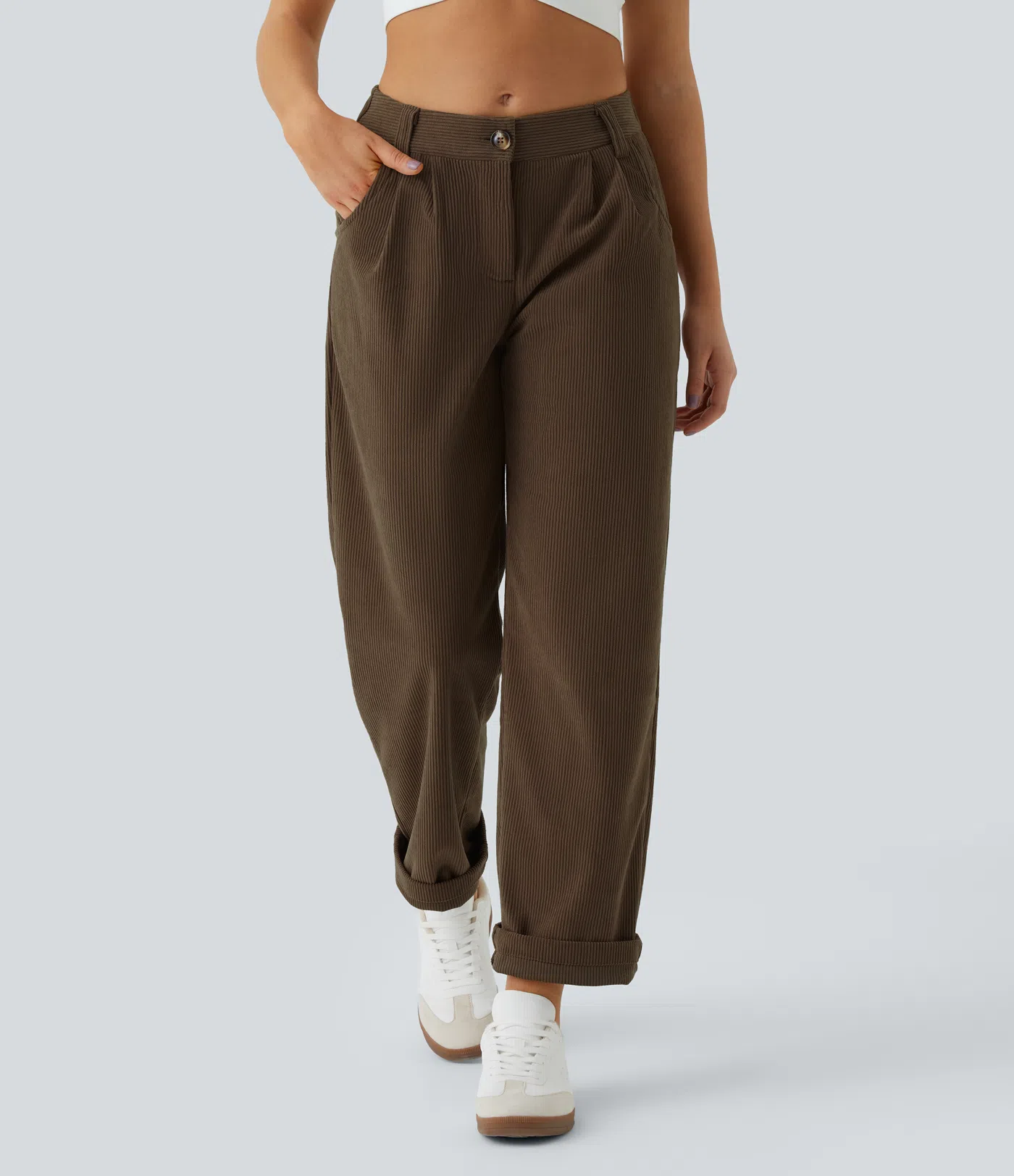 Mid Rise Button Zipper Side Pocket Corduroy Casual Pants