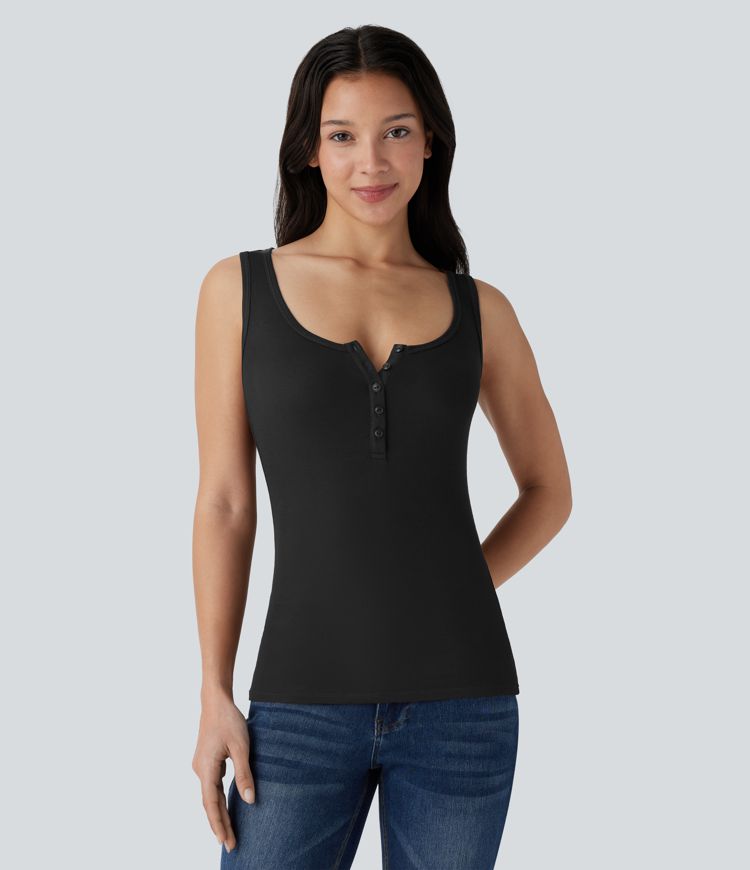 Ribbed Henley Neck Slim Casual Tank Top