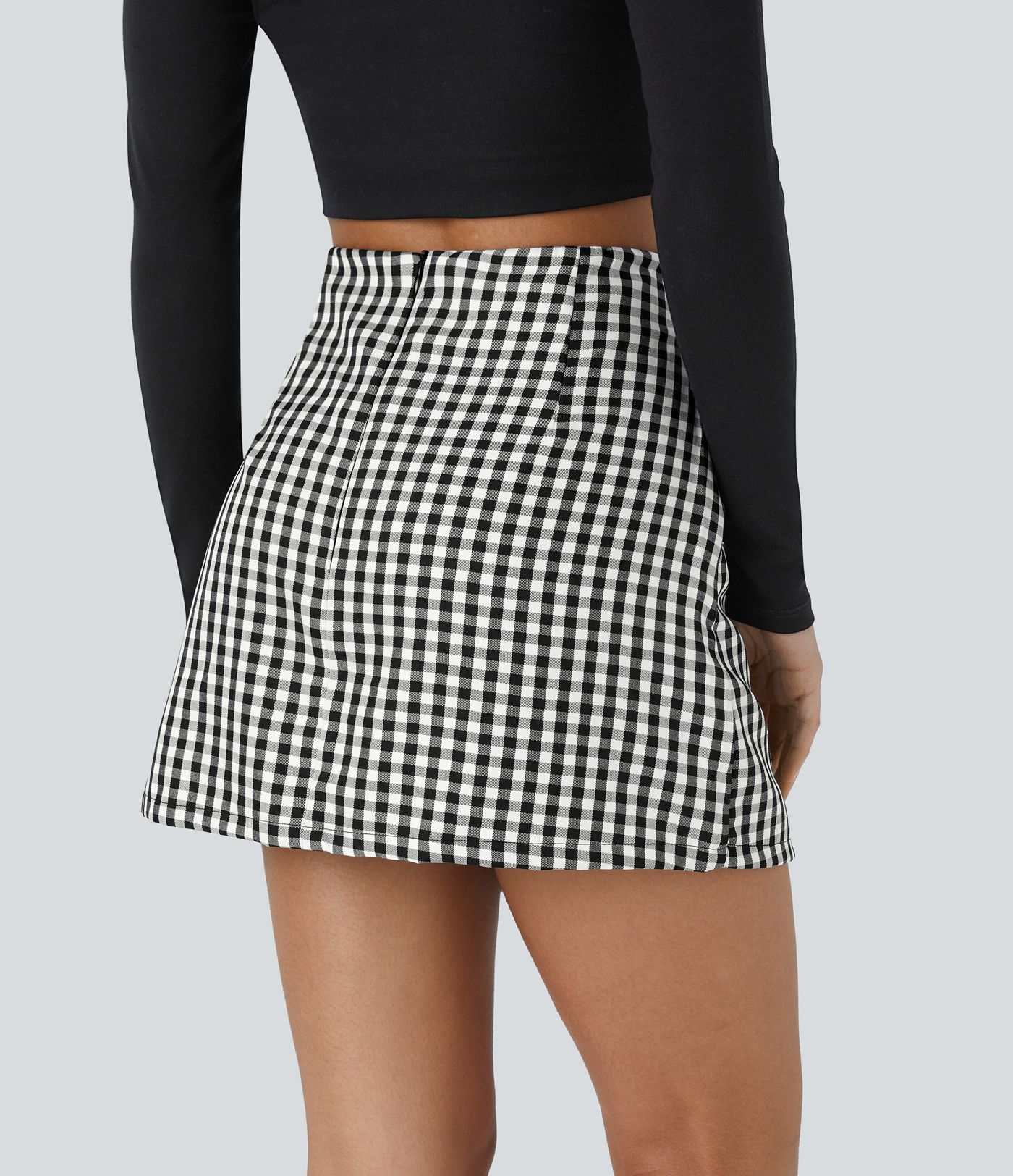 하이 웨이스트 버튼 랩 인비저블 지퍼 2-in-1 깅엄 A 라인 미니 캐주얼 스커트