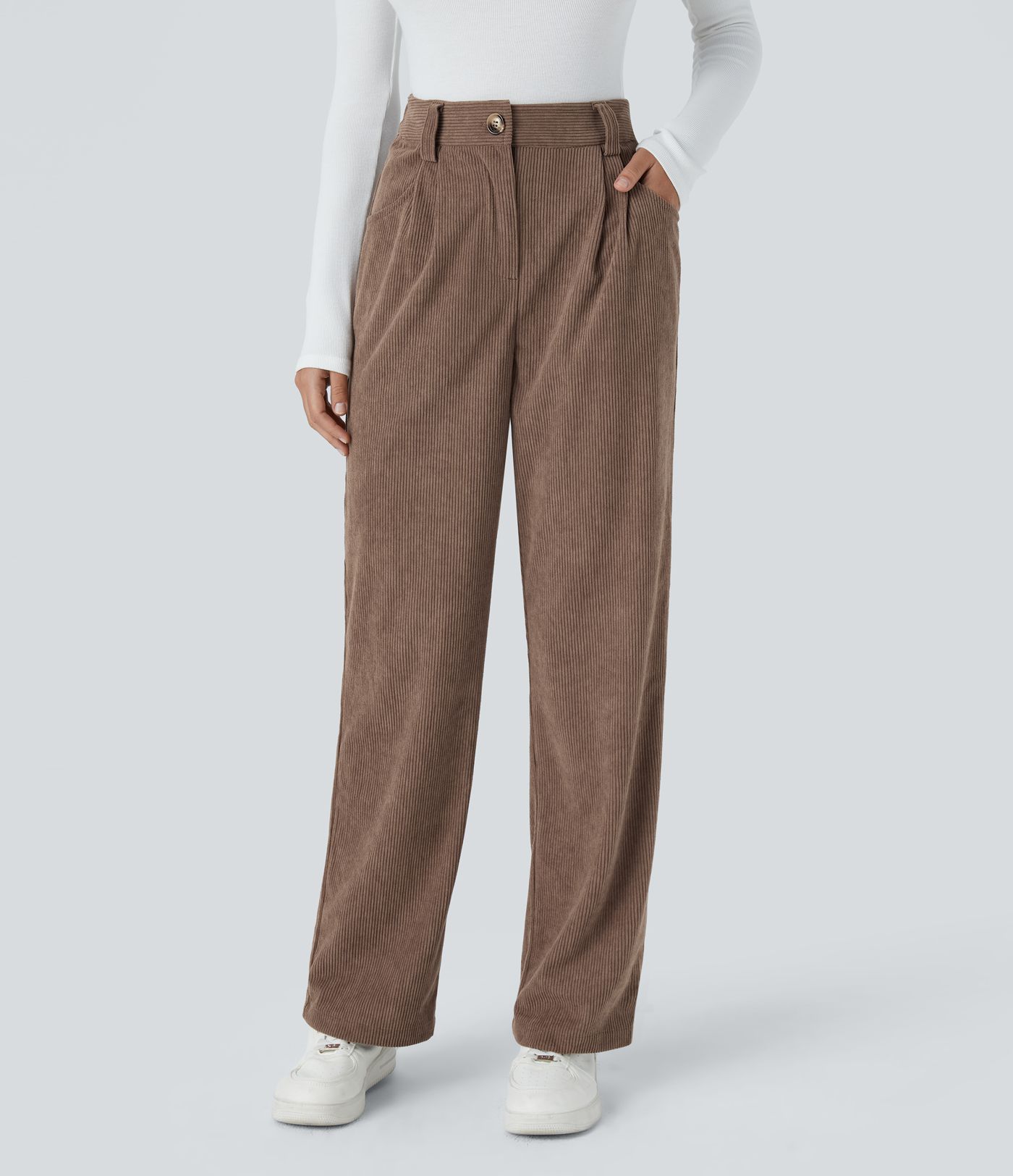 High waist button zipper side pocket corduroy casual pants