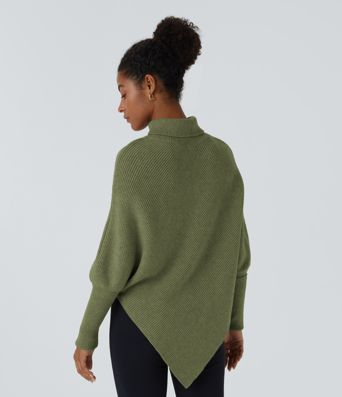 Pull cape de travail à col montant, manches longues et ourlet asymétrique