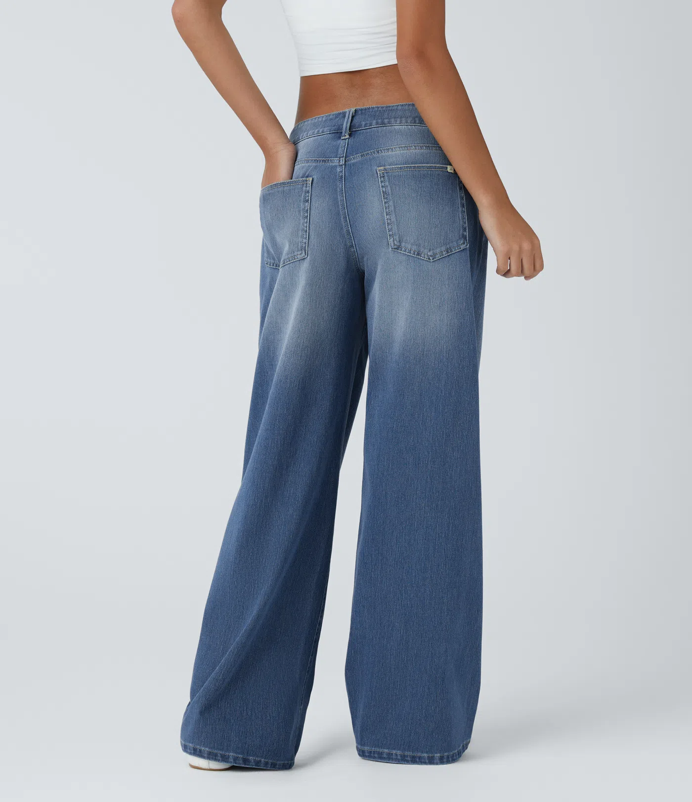 Halara Flex™ Asymmetric Low Rise Button Zipper Multiple Pockets Baggy Wide Leg Washed Stretchy Knit Casual Jeans