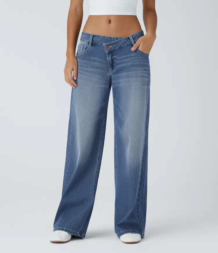 Halara Flex™ Asymmetric Low Rise Zipper Pockets Baggy Wide Leg Washed Casual Jeans