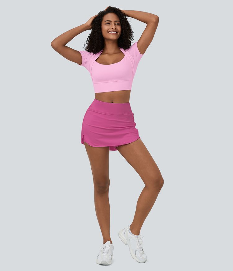 SoftlyZero™ Airy High Waisted Contrast Trim 2-in-1 Pocket Curved Hem Mini Cool Touch Tennis Skirt-UPF50+