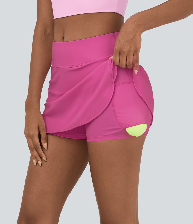 SoftlyZero™ Airy High Waisted Contrast Trim 2-in-1 Pocket Curved Hem Mini Cool Touch Tennis Skirt-UPF50+