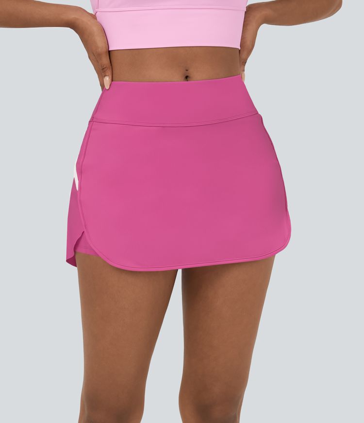 SoftlyZero™ Airy High Waisted Contrast Trim 2-in-1 Pocket Curved Hem Mini Cool Touch Tennis Skirt-UPF50+