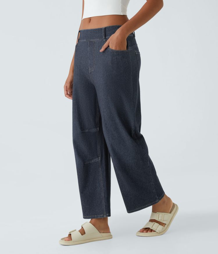 Halara Flex™ Mid-Rise Multi-Pocket Barrel Leg Stretch Knit Work Jeans