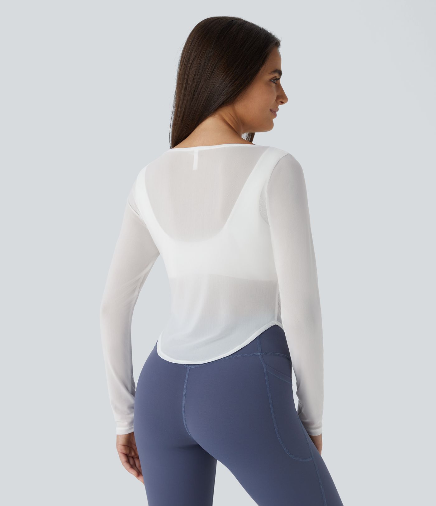 Sheer Mesh V Notch Long Sleeve Ruched Curved Hem Yoga Sports Top