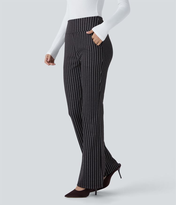 SoCinched High Waisted Tummy Control Side Pocket Slight Flare Stripe Work Pants