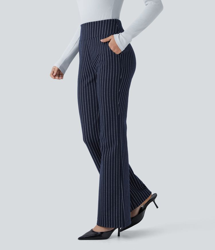 SoCinched High Waisted Tummy Control Side Pocket Slight Flare Stripe Work Trousers