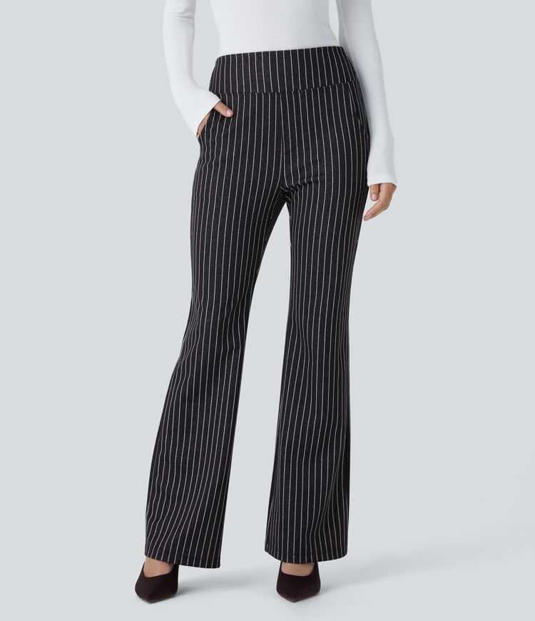 SoCinched High Waisted Tummy Control Side Pocket Slight Flare Stripe Work Pants