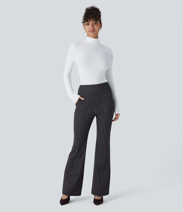 SoCinched High Waisted Tummy Control Side Pocket Slight Flare Stripe Work Pants