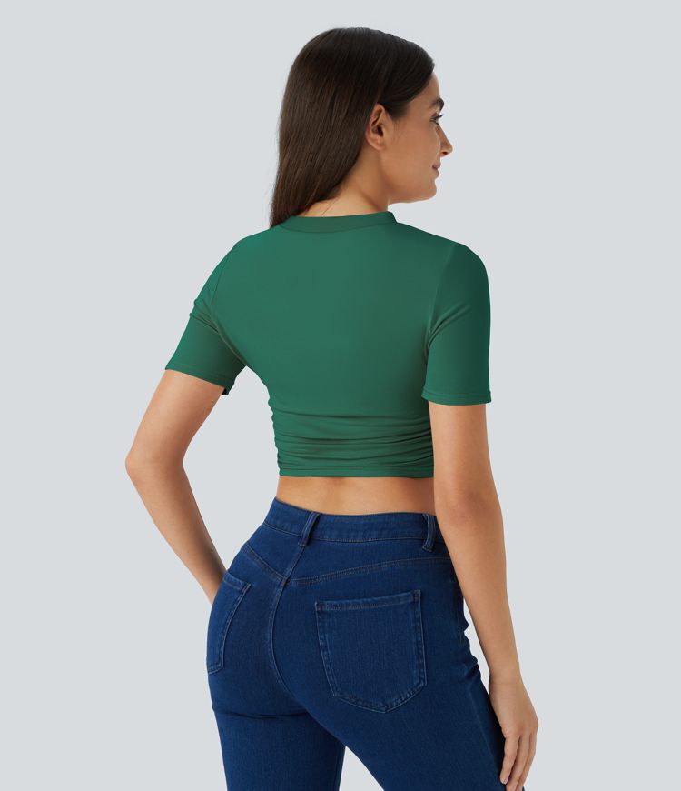 Round Neck Short Sleeve Ruched Skinny Cropped Casual T-Shirt