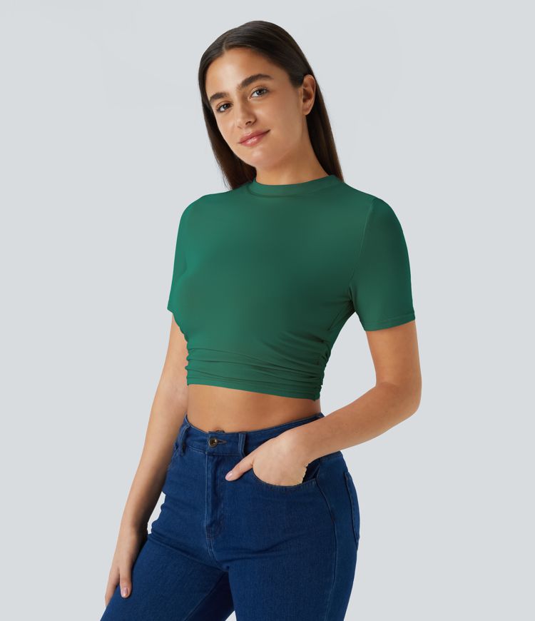 Round Neck Short Sleeve Ruched Skinny Cropped Casual T-Shirt