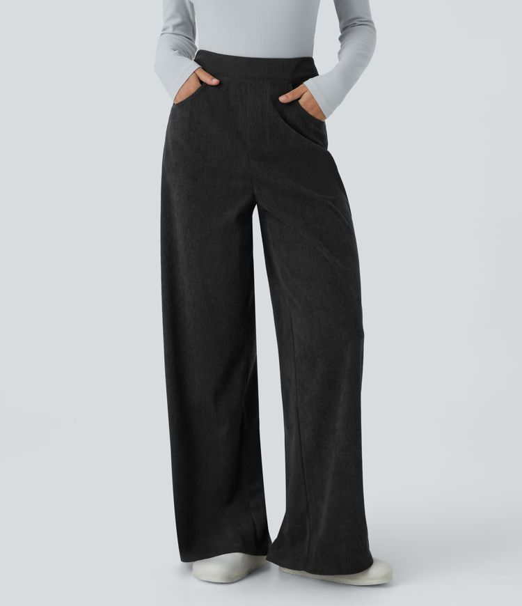 High Waisted Invisible Zipper Multiple Pockets Wide Leg Corduroy Work Pants