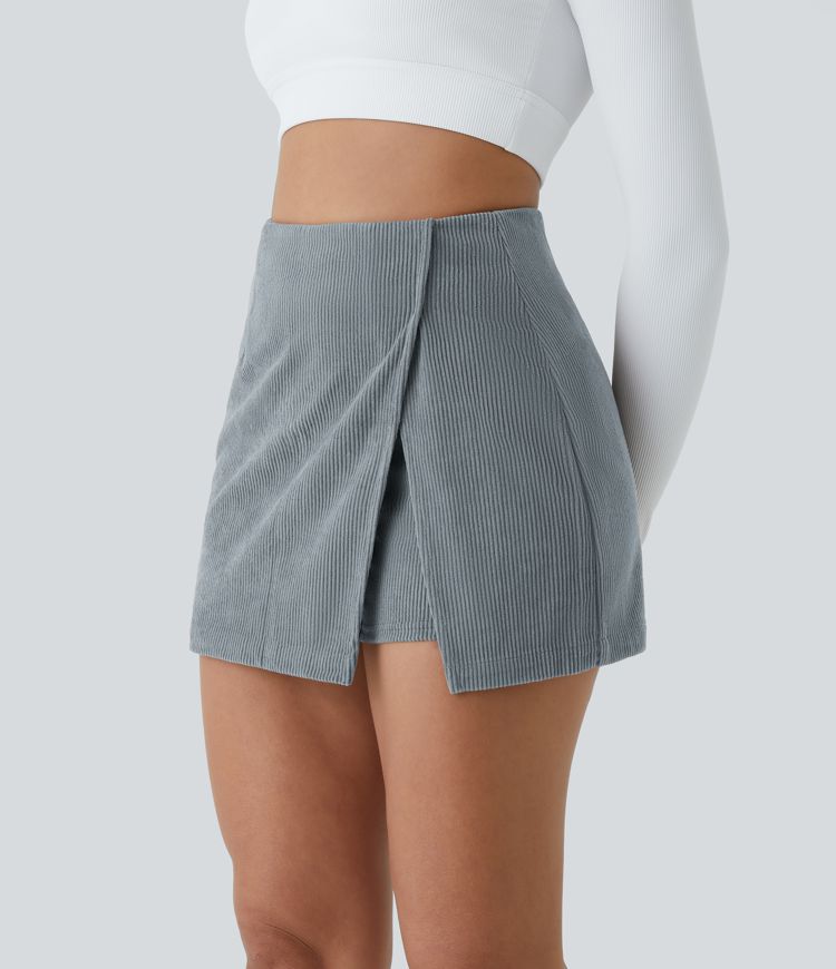 High Waisted Back Zipper Split Hem 2-in-1 Corduroy Casual Skirt