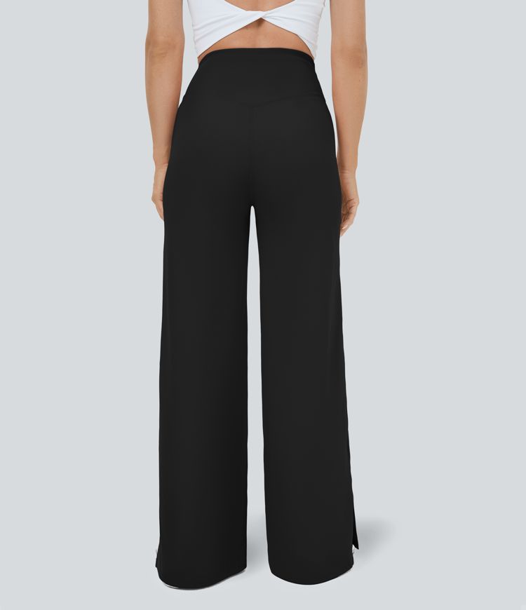 Crossover Pocket Split Hem Wide Leg Yoga Pants-Smile