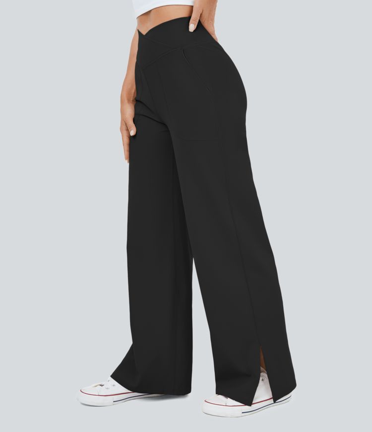 Crossover Pocket Split Hem Wide Leg Yoga Pants-Smile