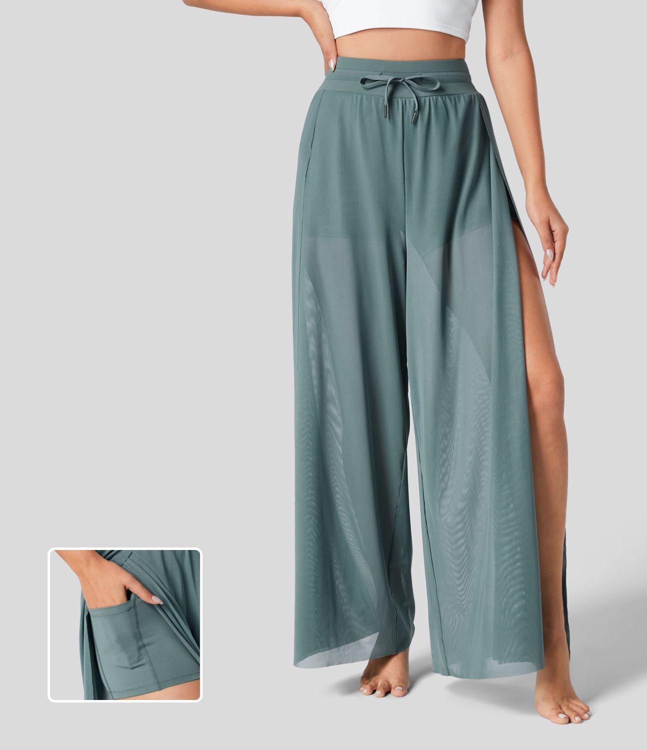 Pantalón yoga fluido pierna ancha bolsillo lateral 2 en 1 abertura malla contrastante cordón tiro alto