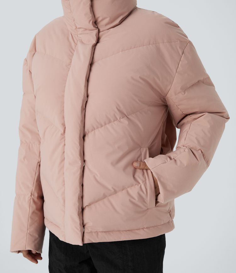 Water Repellent Funnel Neck Pocket Snap Zipper Drawstring Hem Relaxed Casual Puffer Down Jacket